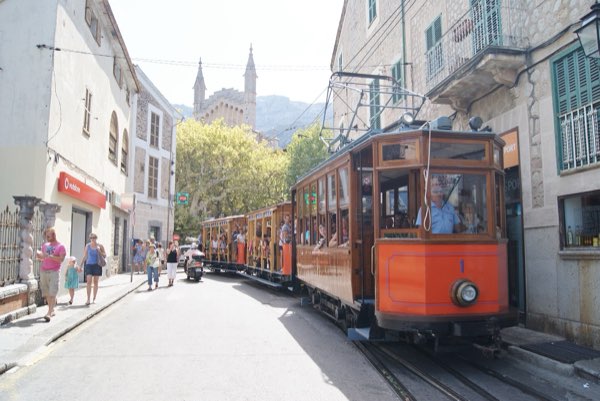 The Sóller tram, which runs past the café