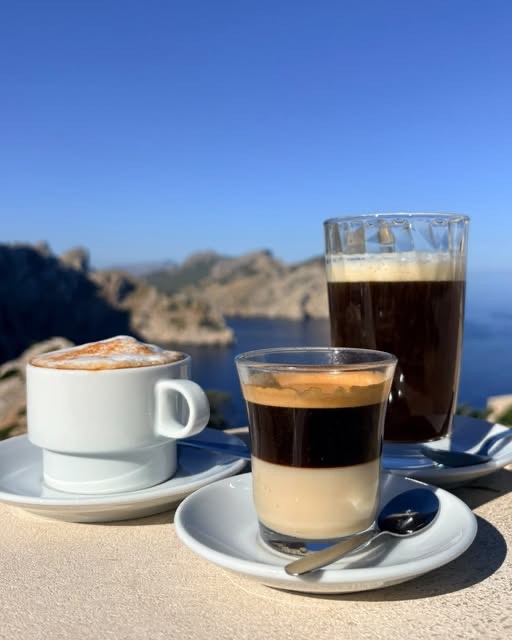 Coffees on the terrace, with the cape behind